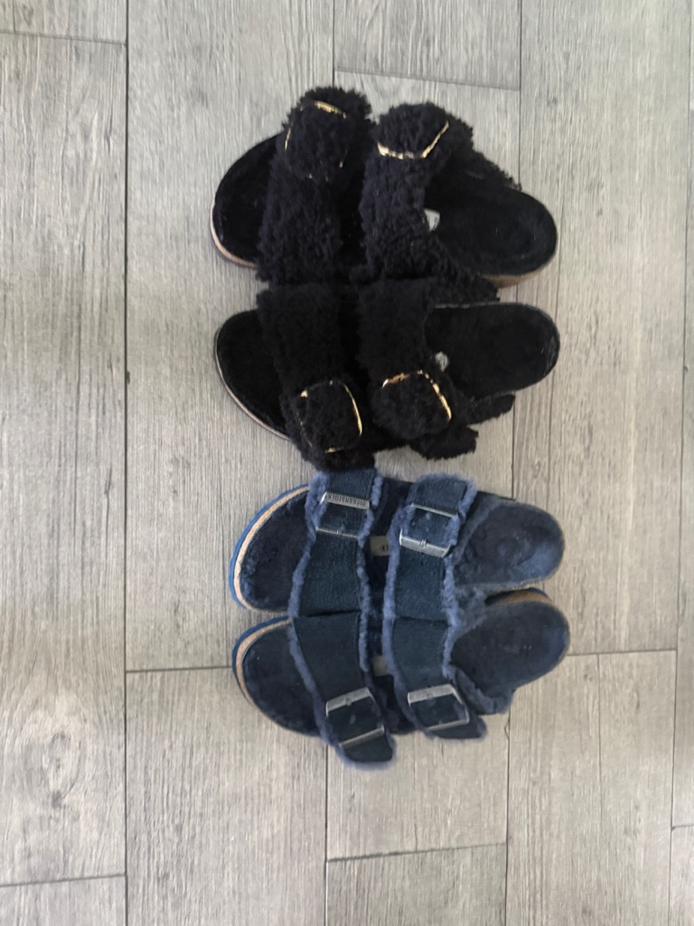 Womens Birkenstock Arizona Sherling & Big Buckle Lot 37 6.5 7 Black & Navy